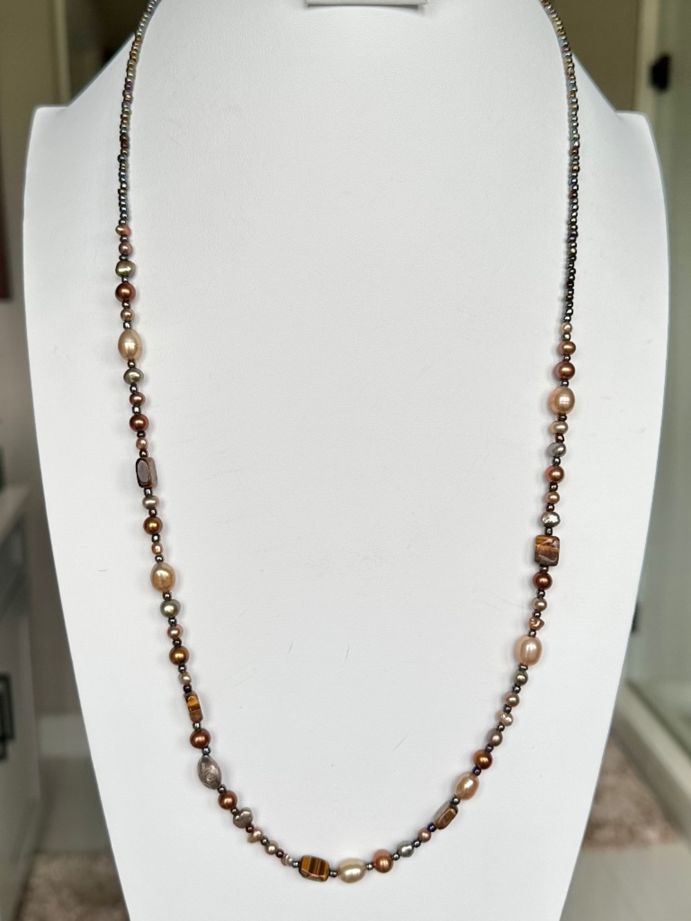 NWT Peyote Bird Free Spirit 30" Beaded Pearl & Tiger's Eye Necklace .925